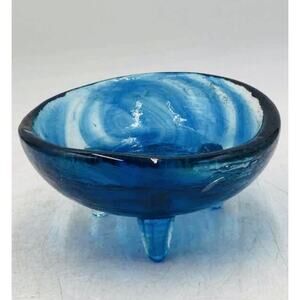 Molcajete Recycled Blue Swirl Glass Bowl 3 Footed Art Glass Bubble Heavy